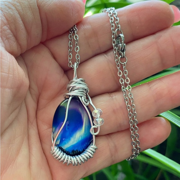 Hand Crafted Jewelry - Northern Lights Aurora Borealis silver wirewrapped glass pendant necklace